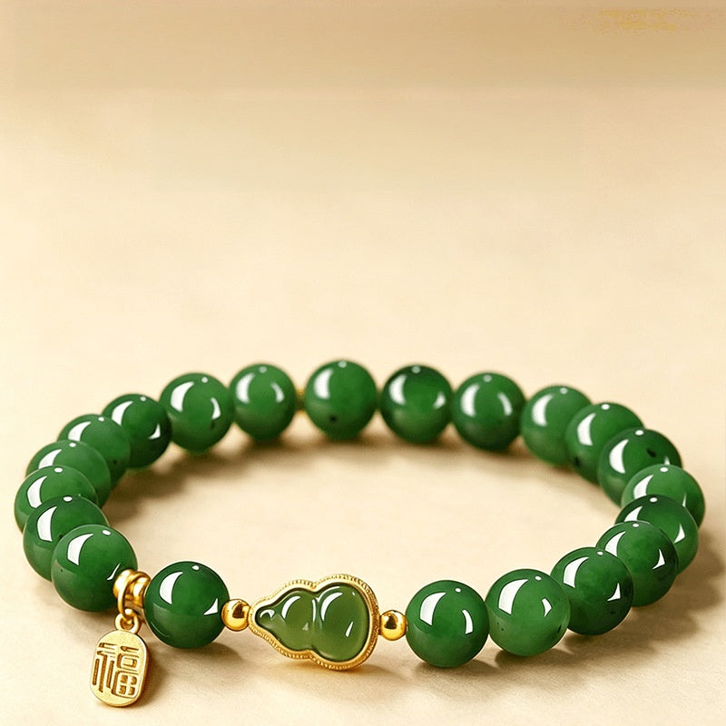 Natural Nephrite Jade Gourd & Fu Plaque Bracelet-Grounded Harmony