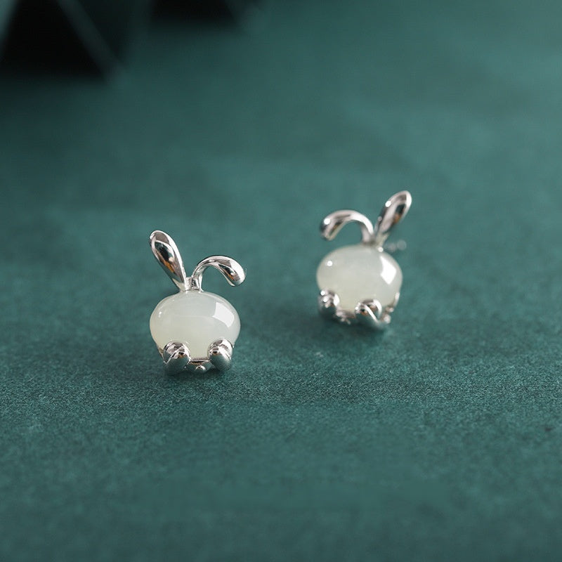 Bunny Nephrite Jade & Red Agate Stud Earrings-A Playful Little Wish