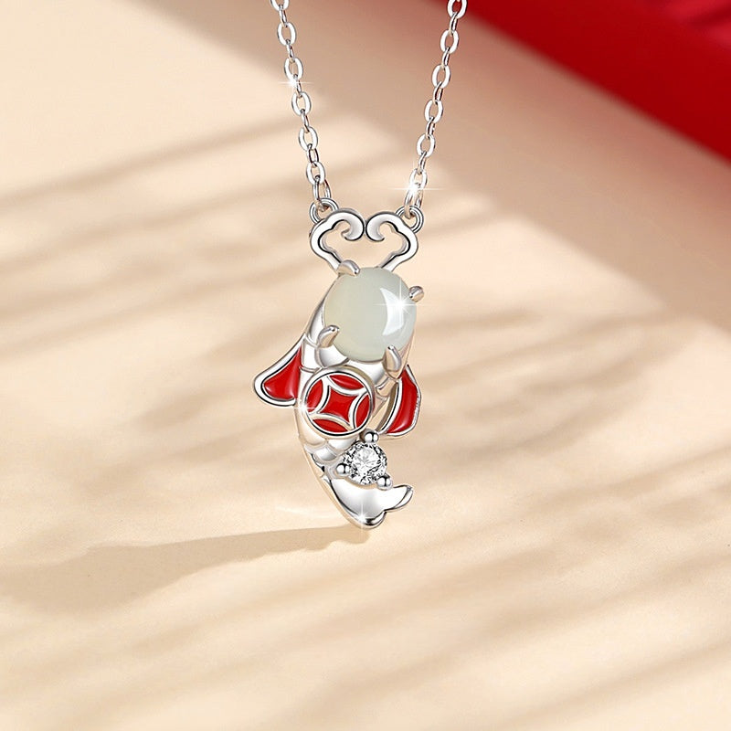 Success & New Heights-Koi Fish Nephrite Jade Sterling Silver Necklace