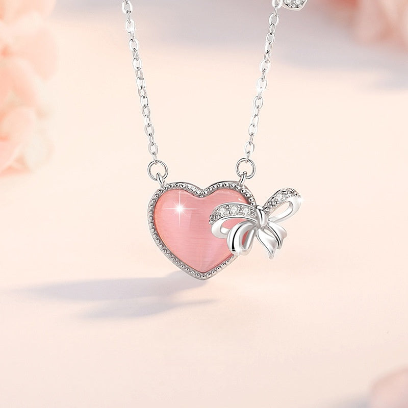 Heart and Bow Sterling Silver Necklace-You Make Me Flutter