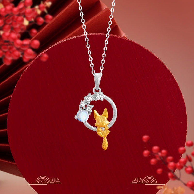 Fox and Flowers Two Tone Necklace-Blessings and Prosperity