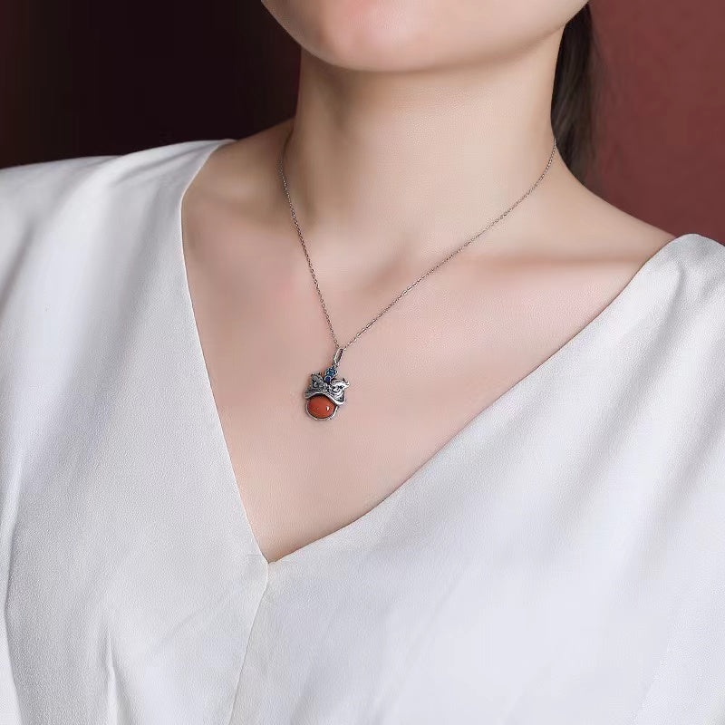 Pixiu Red Agate Silver Necklace -Balance and Prosperity