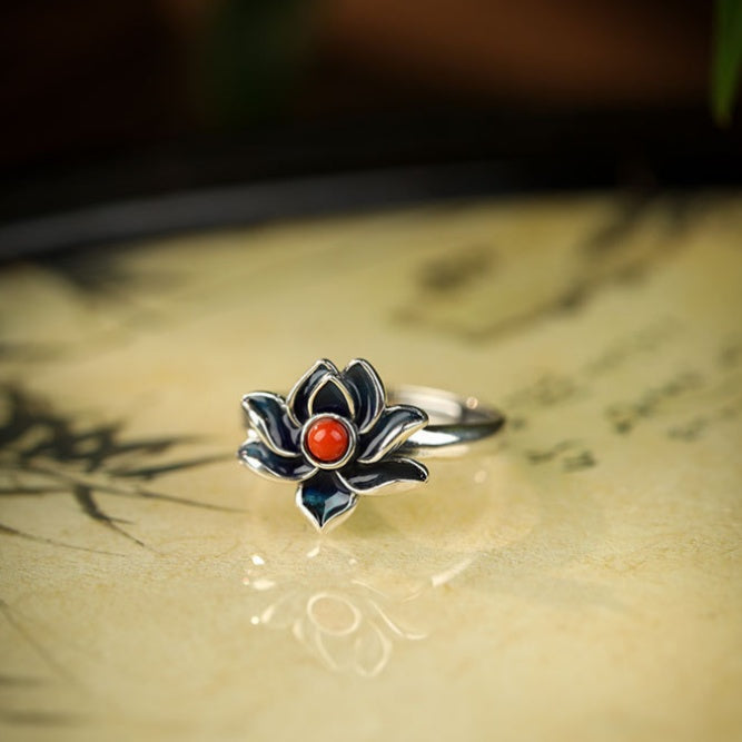 Graceful Harmony-Lotus S925 Silver Adjustable Ring