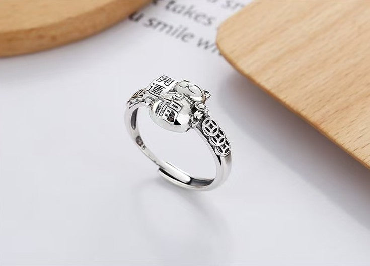 Wealth Cat Maneki Neko Silver Ring-Good Fortune and Luck