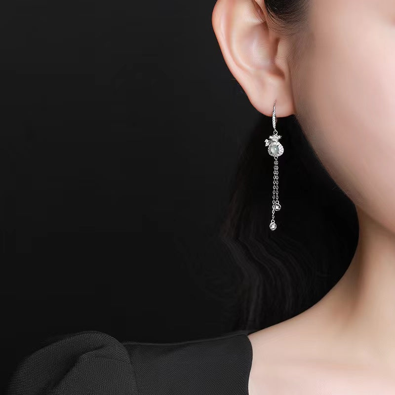 Ice Jade Money Bag Silver Drop Earrings-Luck Prosperity