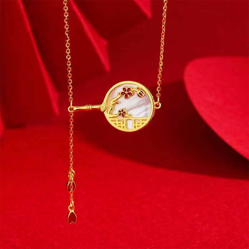 Deluxe 18K Gold Plated 925 Sterling Silver Plum Blossom Fan Pendant Necklace