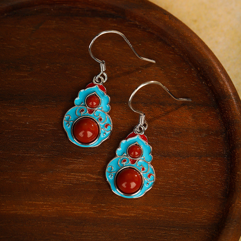 Gourd Red Agate Cloisonné Drop Earrings-Abundant Blessings