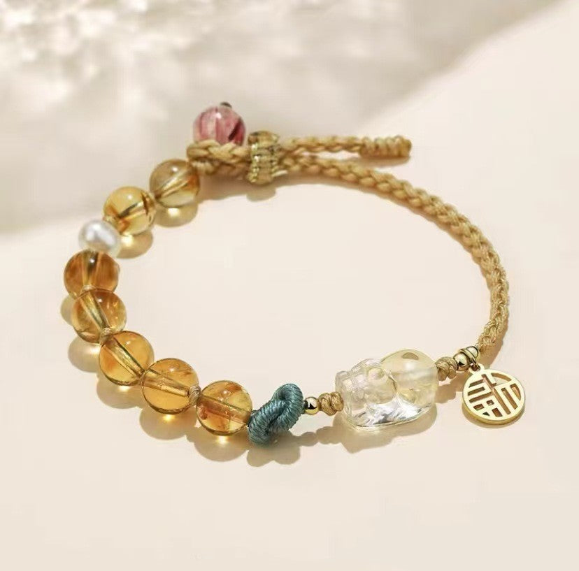 Rutilated Quartz Pixiu Fu Yellow Crystal Bracelet-Attract Luck