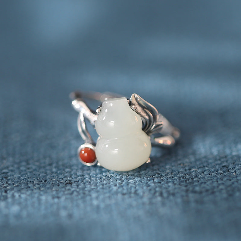 Nephrite Jade Gourd Bamboo 925 Sterling Silver Ring-Quiet Protection