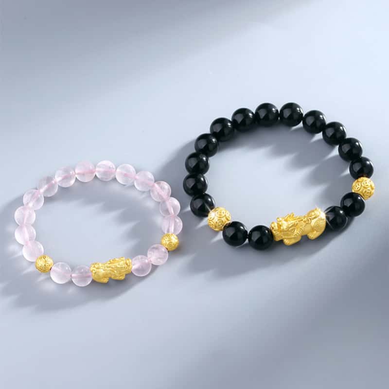 Welcoming Fortune-Pixiu Gold-Tone Couple Beaded Bracelet