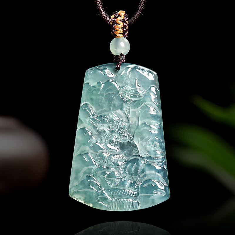 Blue Jadeite Landscape Pendant – Natural A-Grade Glutinous Variety Jade Carving-grade a jade
