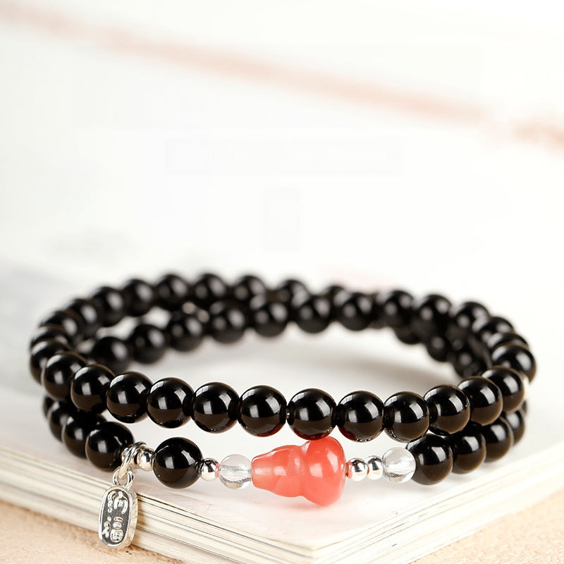 Pink Agate Gourd Obsidian Double-Wrap Bracelet-Calm Intention