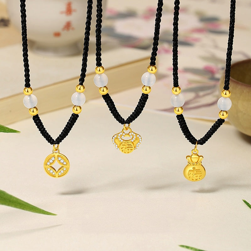 Good Fortune Close-Auspicious Charms Chalcedony Cord Necklace