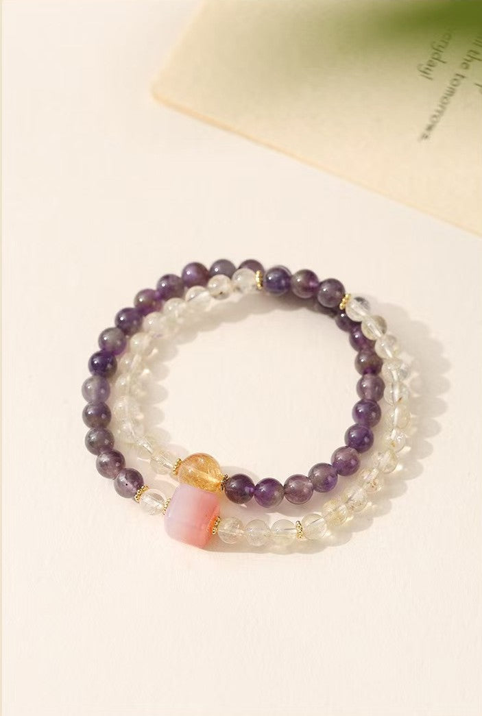 Square Pink Agate Amethyst and Citrine Double-Strand Bracelet