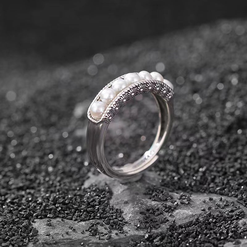 Seven-in-a-row Pearl Vintage Silver Ring-Peace and Harmony