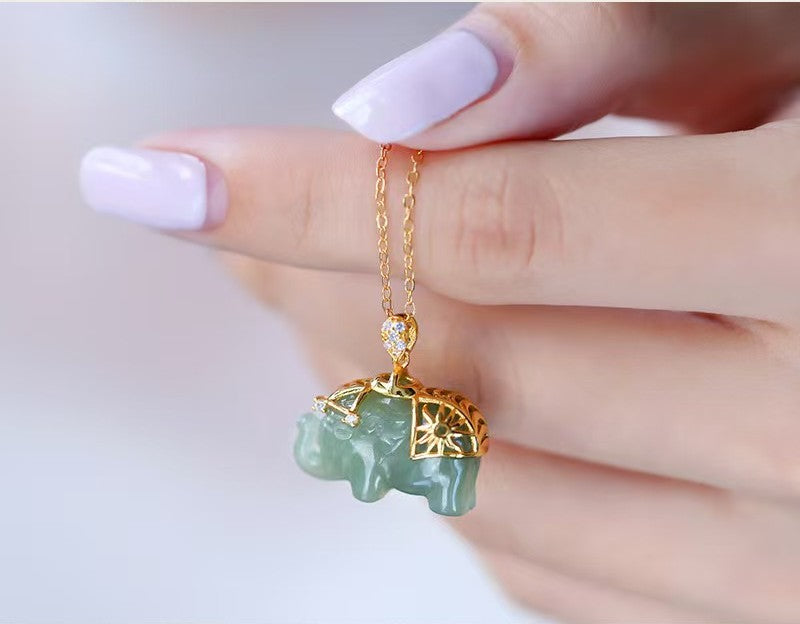 Fortune Guardian Elephant Jade Pendant Necklace