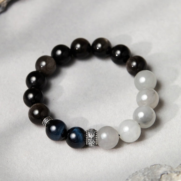 Peace and Joy-Six-Syllable Mantra Silver Sheen Obsidian & Blue Tiger's Eye Bracelet