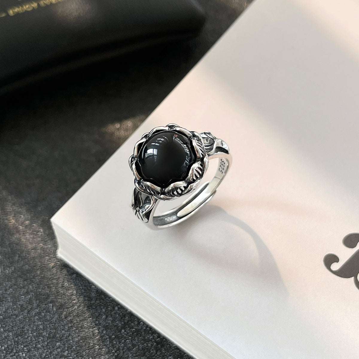 Bold at Heart-Black Agate Silver Ring