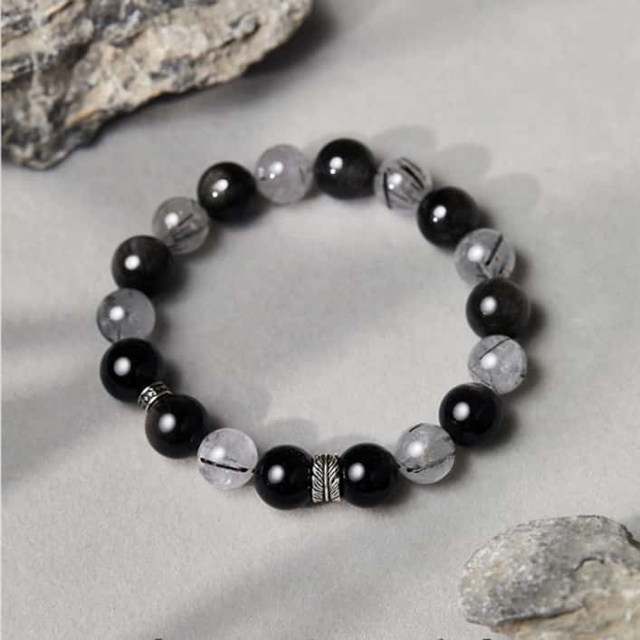 Feather Silver Sheen Obsidian & Black Rutilated Quartz Bracelet-Freedom and Inner Strength