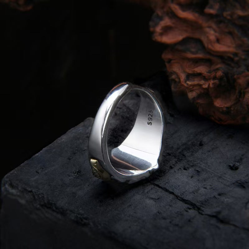 Tibetan Yellow Jambhala Men Silver Ring-Wealth+Protection