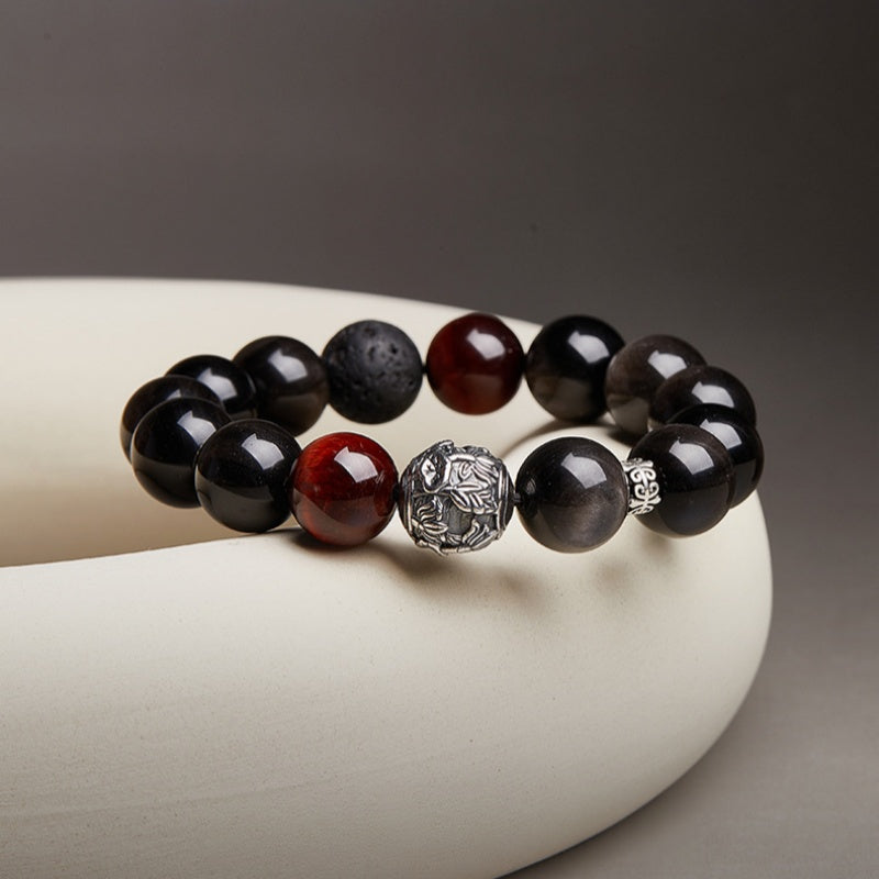 Silver Obsidian Lava Stone and Red Tiger's Eye Beaded Bracelet-Clear Composure