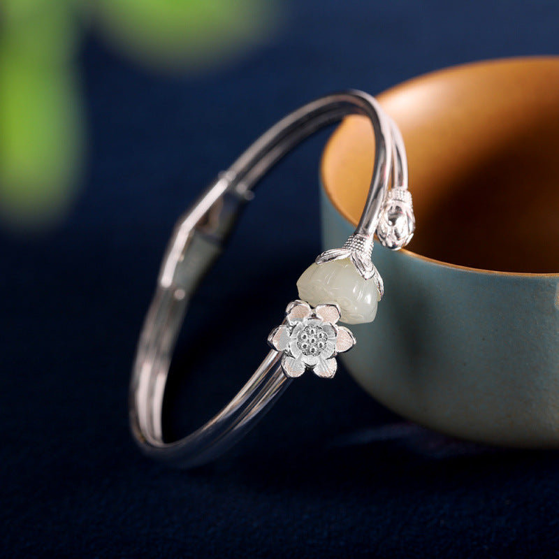 Quiet Renewal-Jade Lotus 925 Sterling Silver Bangle