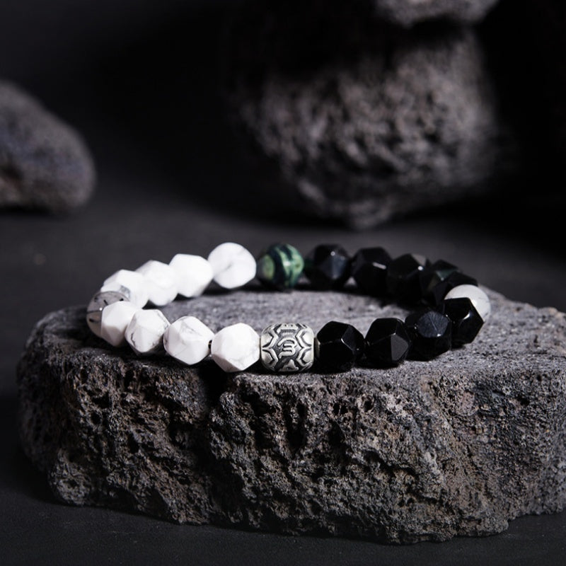 Peace and Auspicious Blessings-Six-Syllable Mantra 999 Fine Silver Rhombus Obsidian Beaded Bracelet