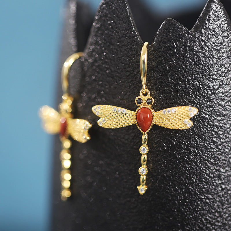Dragonfly Turquoise & Red Agate Drop Earrings-Grace in Flight