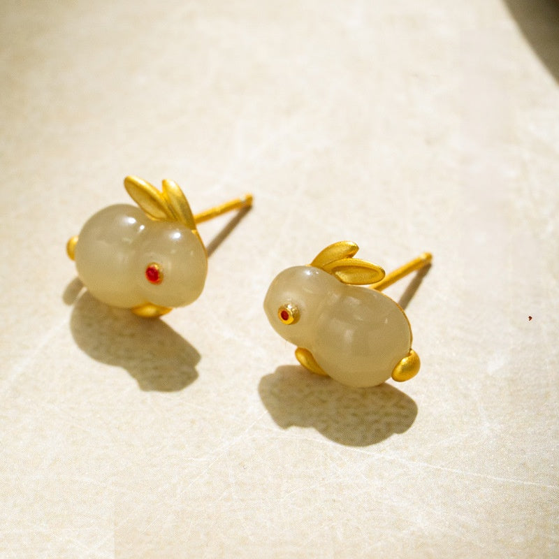 Moon Rabbit Nephrite Jade Stud Earrings-Dewlit Wishes
