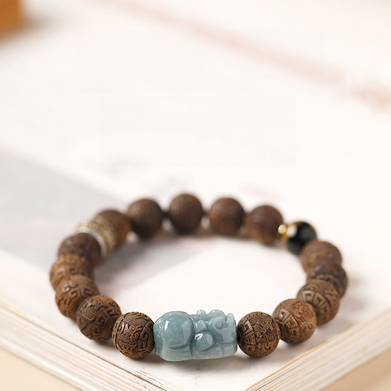 Blue Water Jadeite Pixiu Sandalwood Bracelet-Quiet Resolve