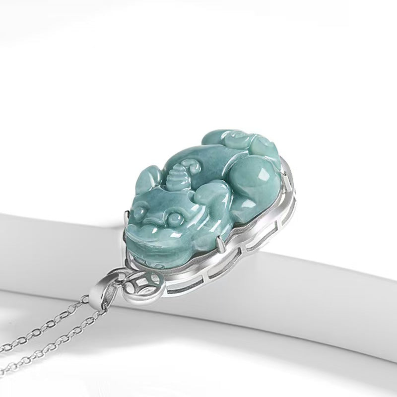Serene Pixiu Ice Jade Pendant-925 Sterling Silver Necklace for Protection, Wealth & Steady Growth