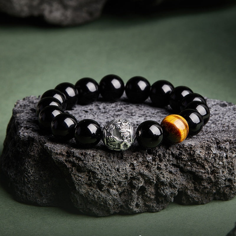 Chasing Light-Obsidian & Tiger's Eye Silver Bead Bracelet