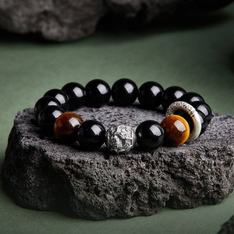 Peace Buckle Obsidian and Tiger's Eye Beaded Bracelet-Harmonious Strength
