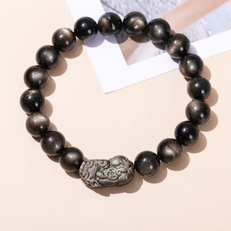 シルバーオブシディアン貔貅メンズブレスレット-開運招福