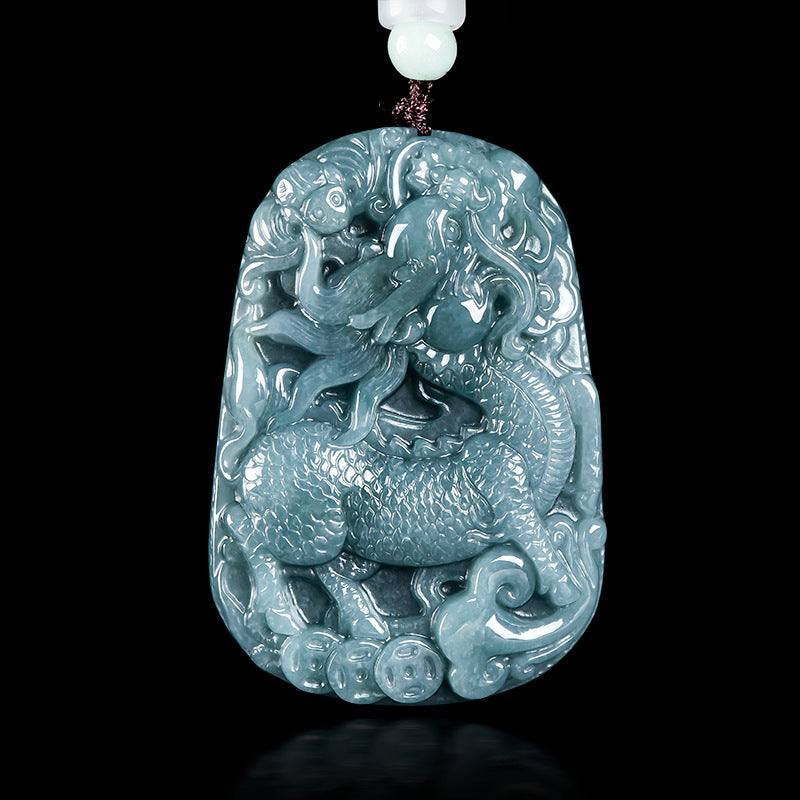 Natural Grade A Blue Jadeite Qilin Pendant – Ice Variety Jade Necklace for Men