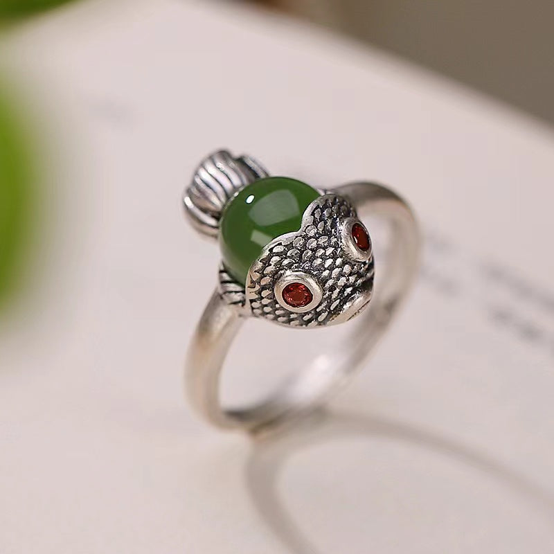 Green Jade Koi Fish Silver Ring-Luck Prosperity