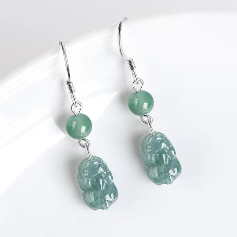 Pixiu Lucky Earrings-Natural Ice Jade/Pi Yao
