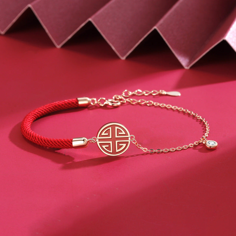 Auspicious Fortune-Fu Character Red Agate Silver Bracelet