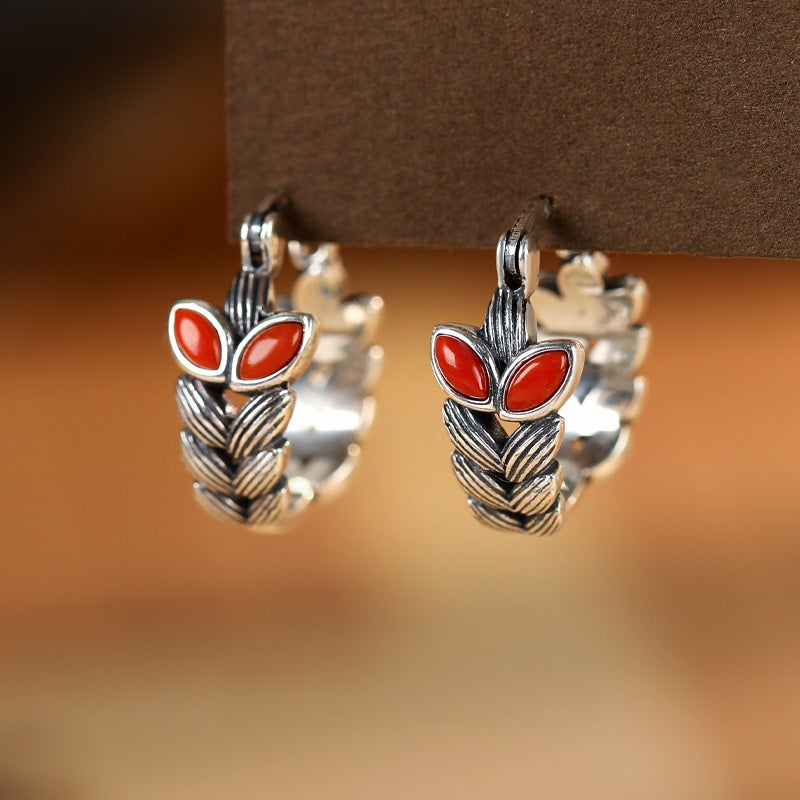Abundant Harvest-Wheat Ear Red Agate S925 Silver Hoop Earrings
