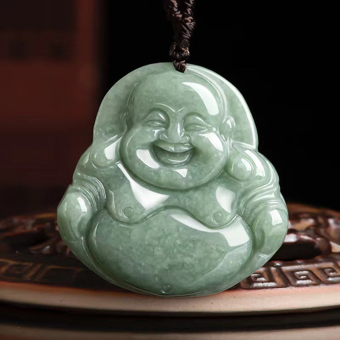 Laughing Buddha  Jade Pendant-Beaded Rope Chain-Grade A Jade