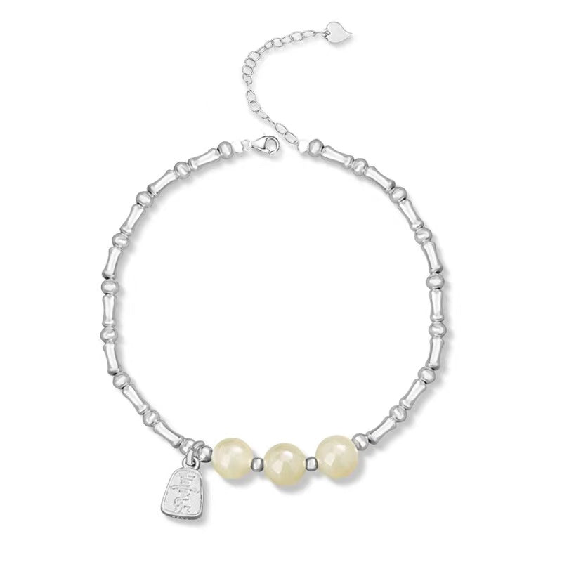 Jade Beads Bamboo Silver Bracelet-Good Fortune and Prosperity