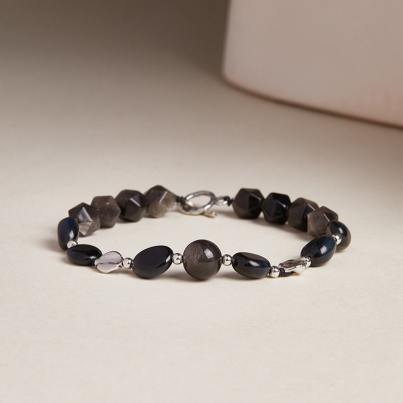 Quiet Wisdom-Rhombus Silver Sheen Obsidian Blue Tiger's Eye Bracelet