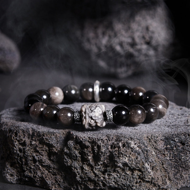 Awakened Lion-Silver Sheen Obsidian Fine Silver Bracelet
