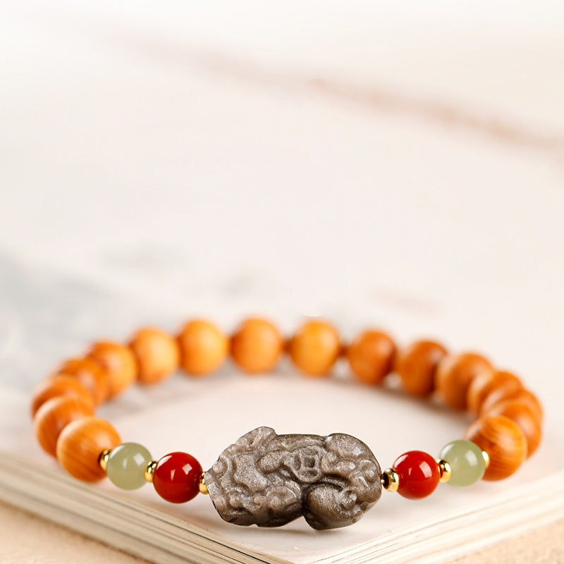 Thujawood Bracelet with Silver Obsidian PiXiu-Calm Strength & Wealth Protection