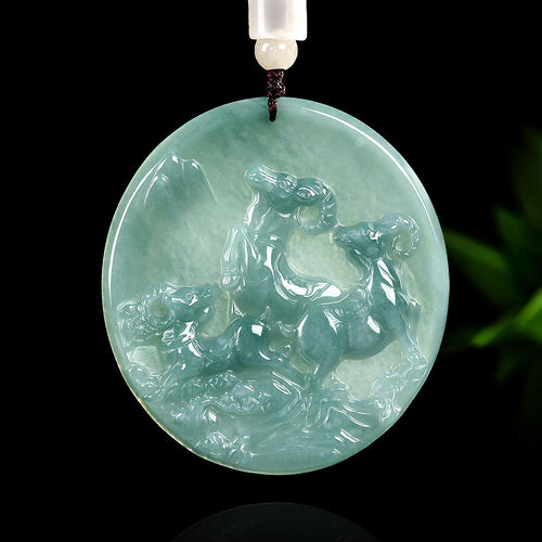Grade A Blue Jadeite Goat Pendant – “Three Goats Bring Bliss” Carved Jade Amulet for Harmony & Prosperity