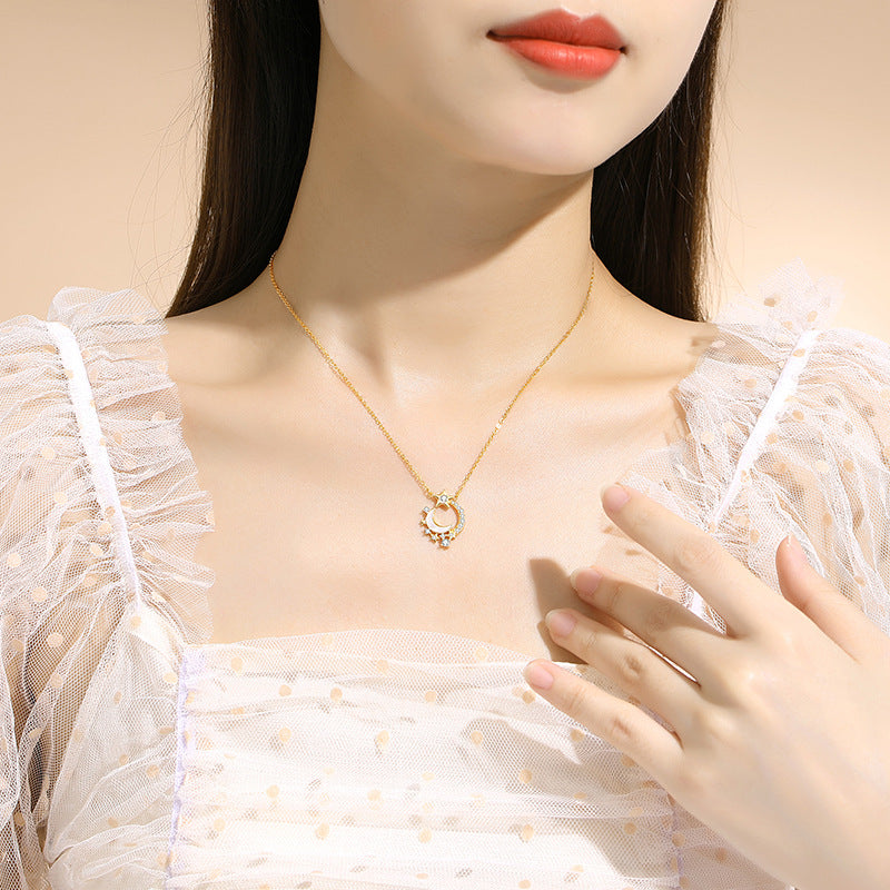 Crescent Moon Star Mother-of-Pearl Pendant Necklace-Dreamlit Reverie