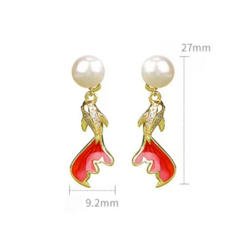 Pearl Koi Fish Drop Earrings – Elegant Gold-Plated Studs with Enamel & Crystals