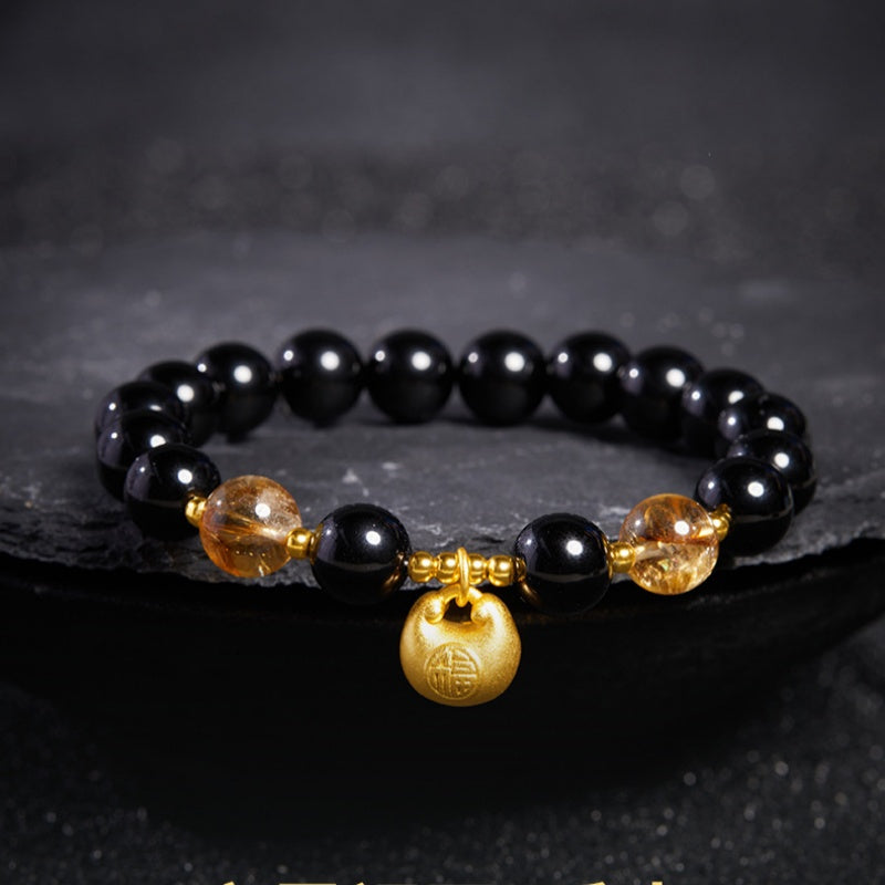 Fu Blessing Obsidian and Yellow Phantom Quartz Bracelet-Steady Fortune and Calm