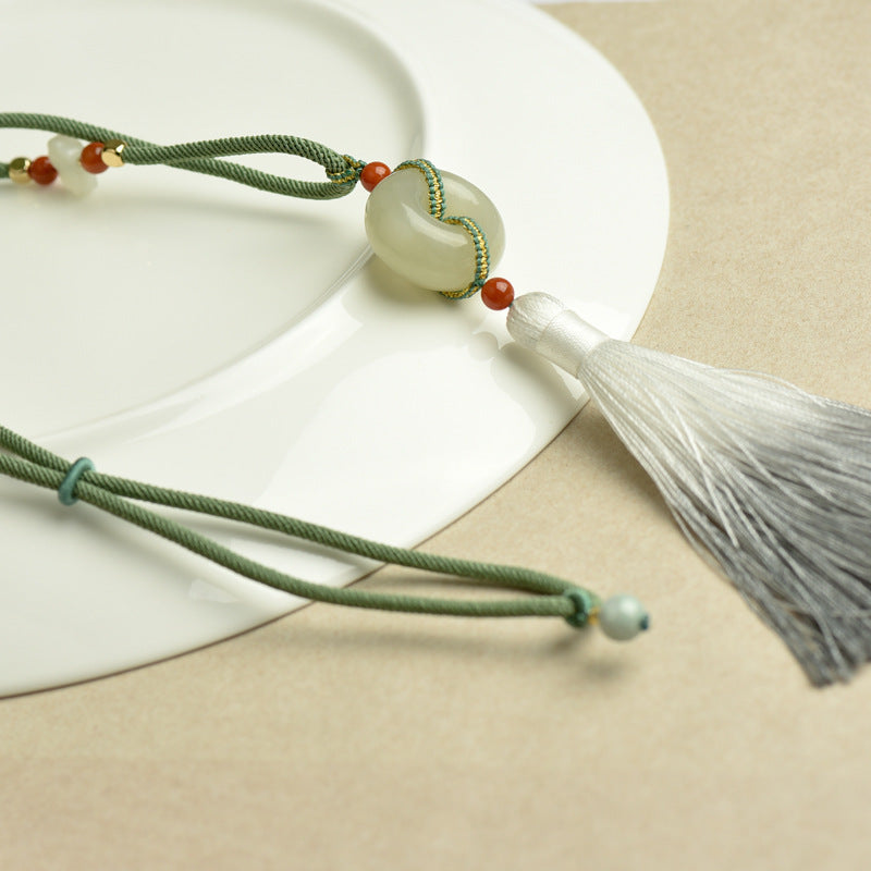 Peaceful Harmony-Nephrite Jade Ping An Kou Tassel Necklace