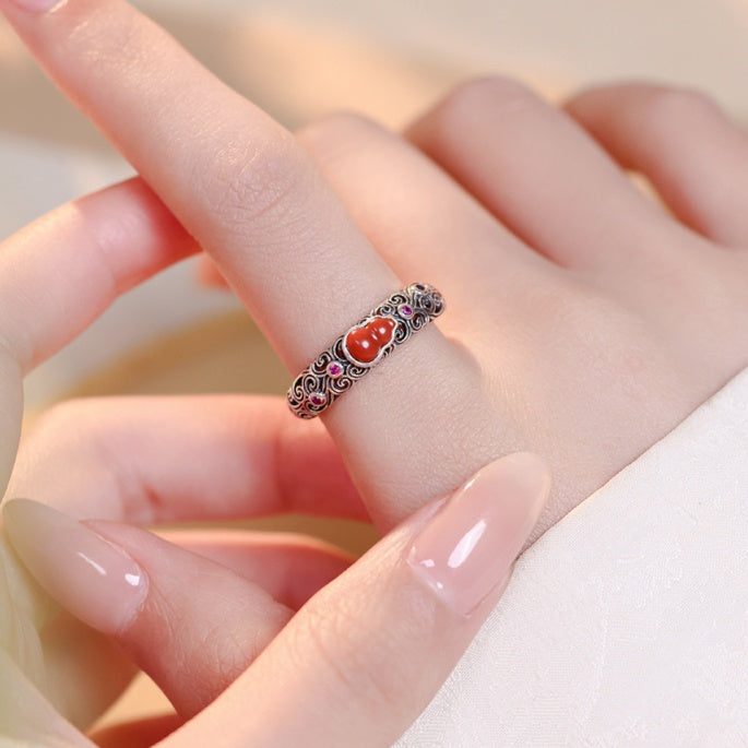 Lasting Blessings-Gourd & Cloud Red Agate Silver Ring